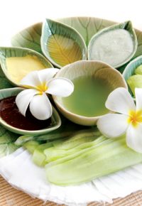 Thai spa herbal and oil with thai flower.